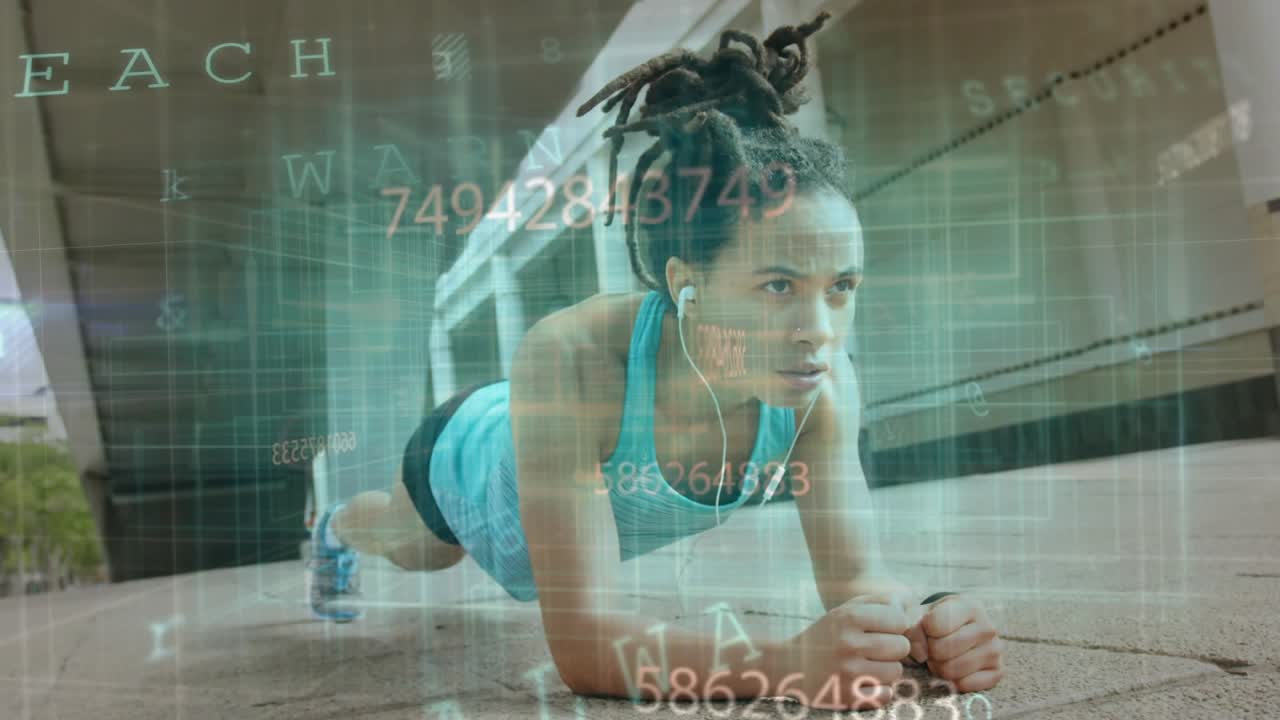 Woman holding forearm plank underpass while teal data overlay fading in and showing fitness metrics