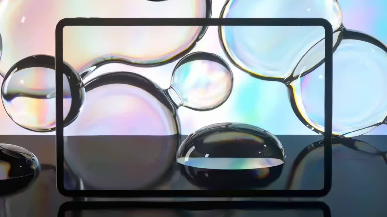 Advancing frames driving clear droplet inflating on black plane, showing bezel over pastel bubbles