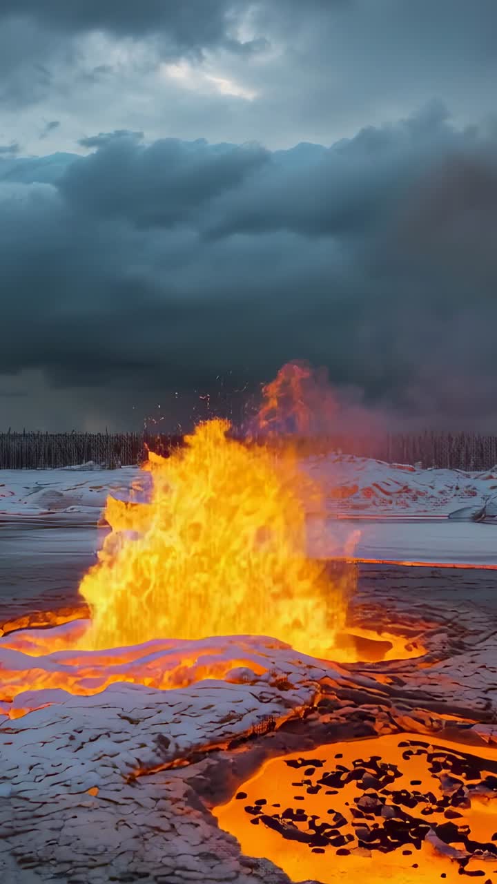 Vertical video: Erupting orange flame from cracked ice vent pulsing, sending embers over snow