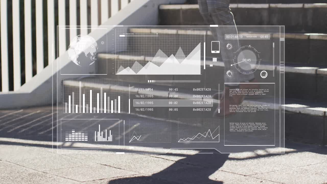 계단을 내려가는 아프리카계 미국인 사업가에 대한 데이터 처리의 애니메이션.