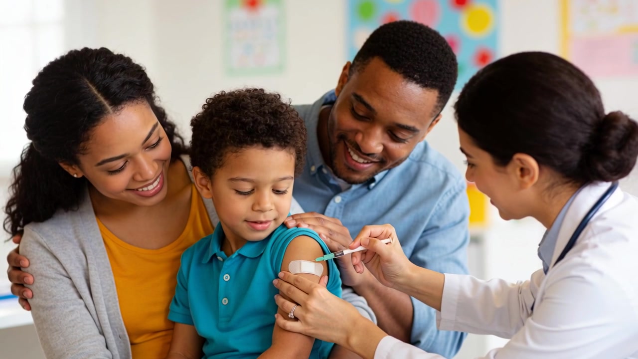 Reassuring white-coated nurse preparing syringe in clinic, vaccinating boy's arm and bandaging site