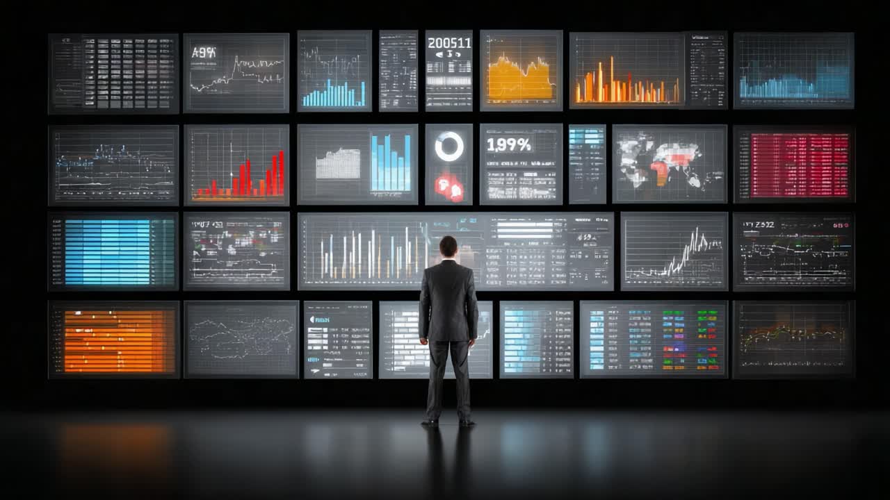 Engasjert i dataanalyse: En forretningsperson observerer komplekse finansielle dashbord og markedstrender i et høyteknologisk visualiseringsmiljø