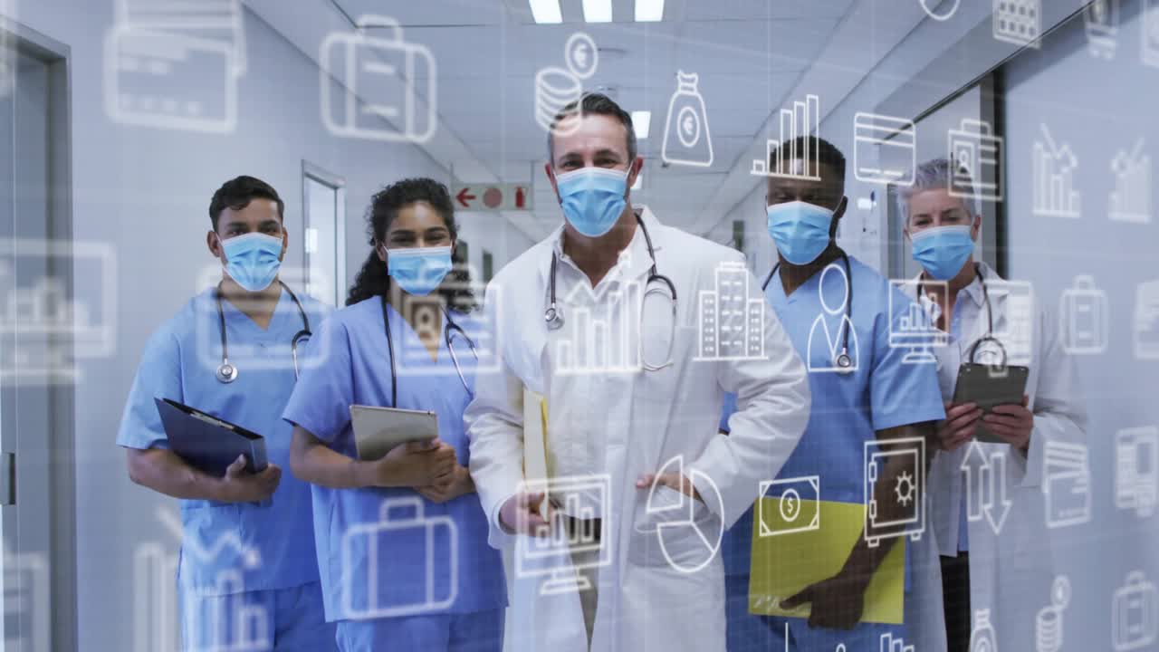 Fremadzoom afslører medicinsk team på hospitalsgang med skiftende gennemsigtige dataikoner.