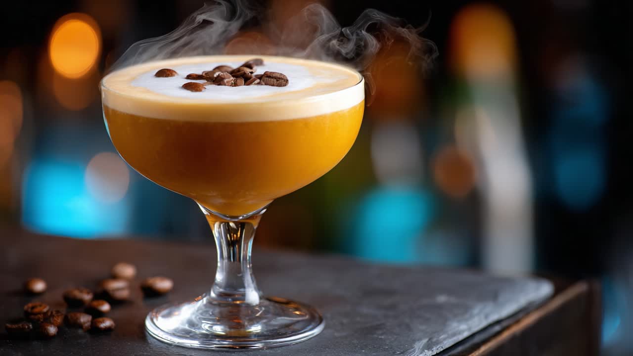 A Captivating Coffee Cocktail: Rich Creamy Layer on Top with Aromatic Beans Surrounded by a Mystical Mist, Perfect for Any Celebration