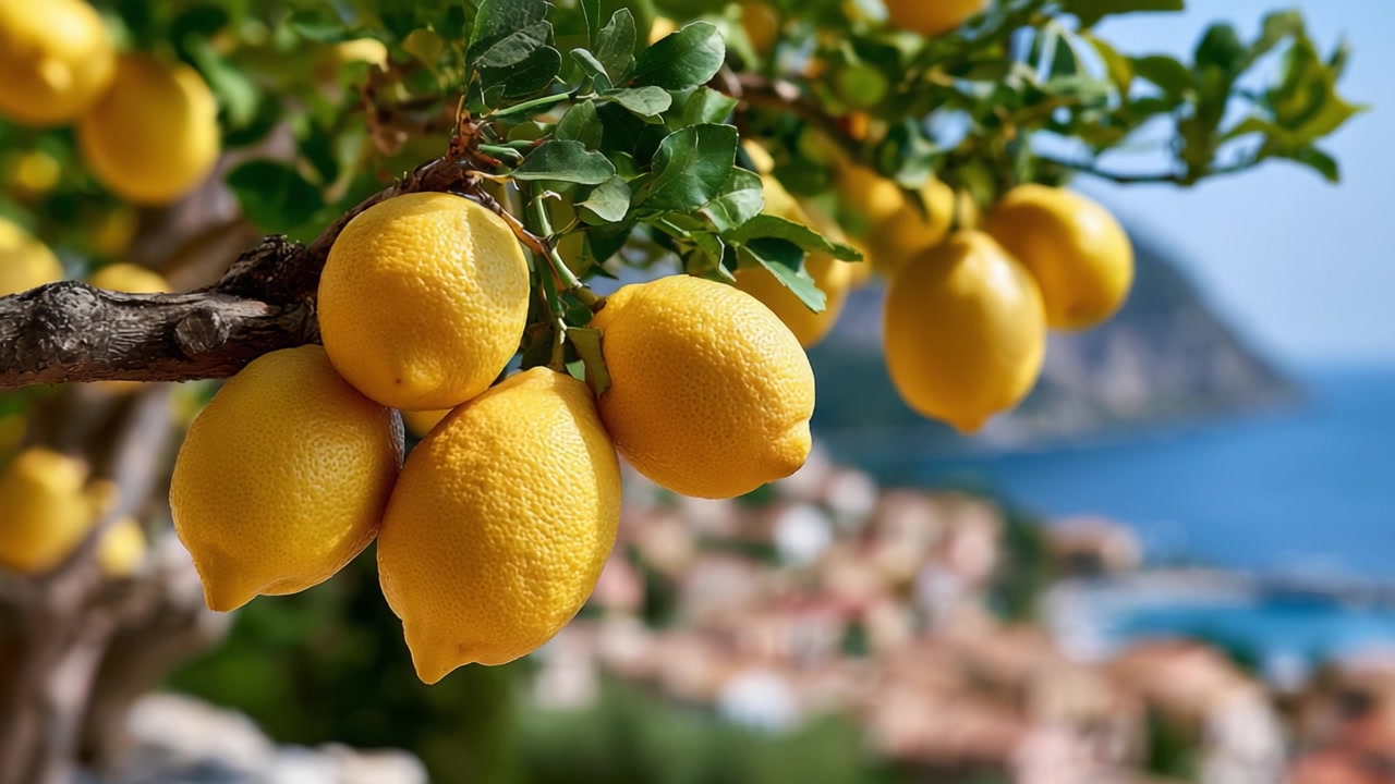 Limoni freschi e succosi appesi a un ramo d'albero che si affaccia su una vista costiera panoramica, catturando l'essenza dell'abbondanza della natura e dell'agricoltura vivace.