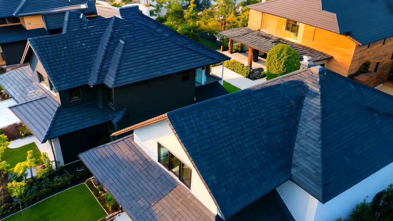 Veduta aerea di moderne abitazioni suburbane con tetti eleganti e giardini rigogliosi, che mostrano un vivace