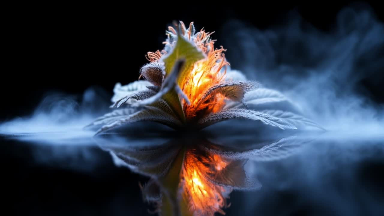 Close-up view of glowing cannabis flower. A vibrant cannabis flower emits a warm glow surrounded by mist, showcasing unique textures and colors in detail.