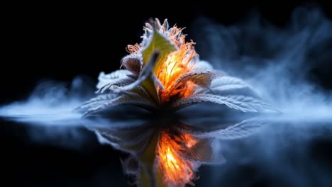 close-up view of glowing cannabis flower. a vibrant cannabis flower emits a warm glow surrounded by mist, showcasing unique textures and colors in detail.