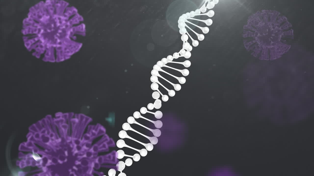 DNA structure and Covid-19 cells against grey background