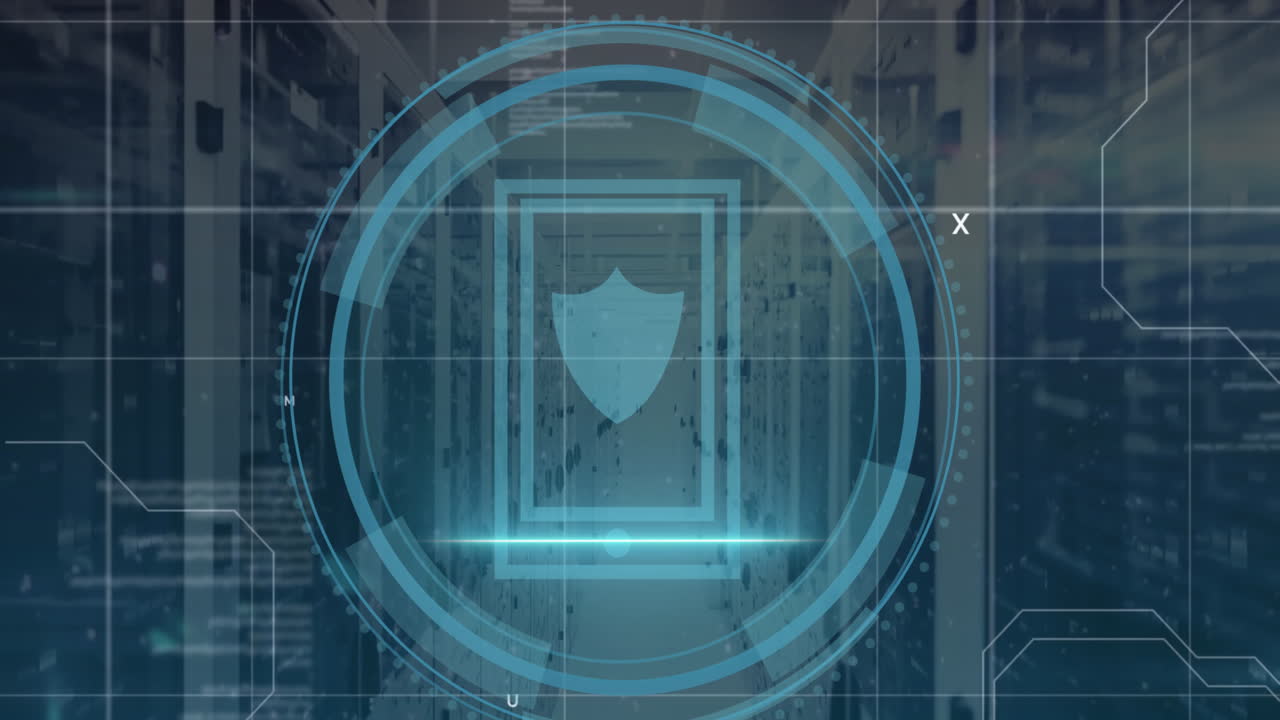 Animation of shield icon and data processing over computer servers