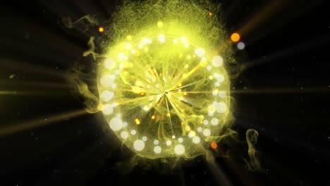 animation of explosion of golden glowing particles of information and connections flowing on black b