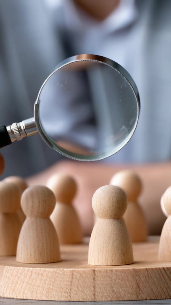 Gerichte Analyse: Houten Beeldjes Onder Vergroting Onderzoeken in een Doordachte Omgeving om het Belang van Observatie en Detail in Strategie te Benadrukken.