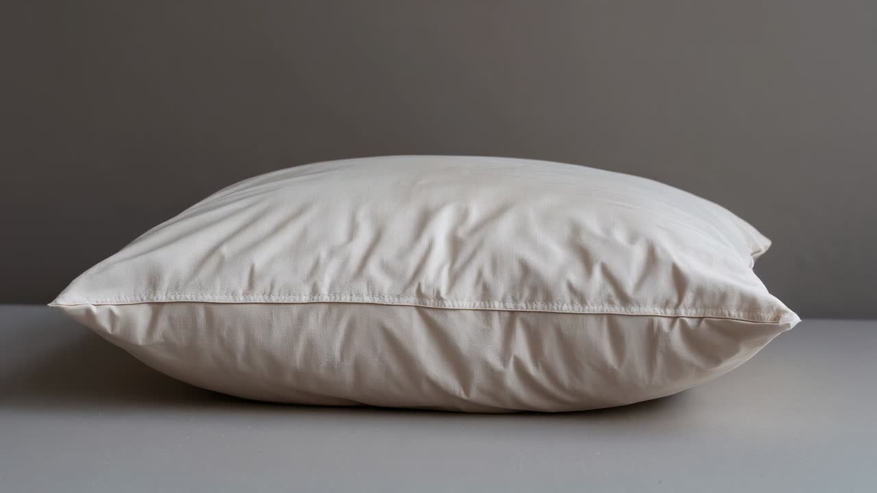 Cuscino color crema che si adagia mostrando lievi spostamenti delle pieghe dopo una leggera compressione su una piattaforma, parete grigia.