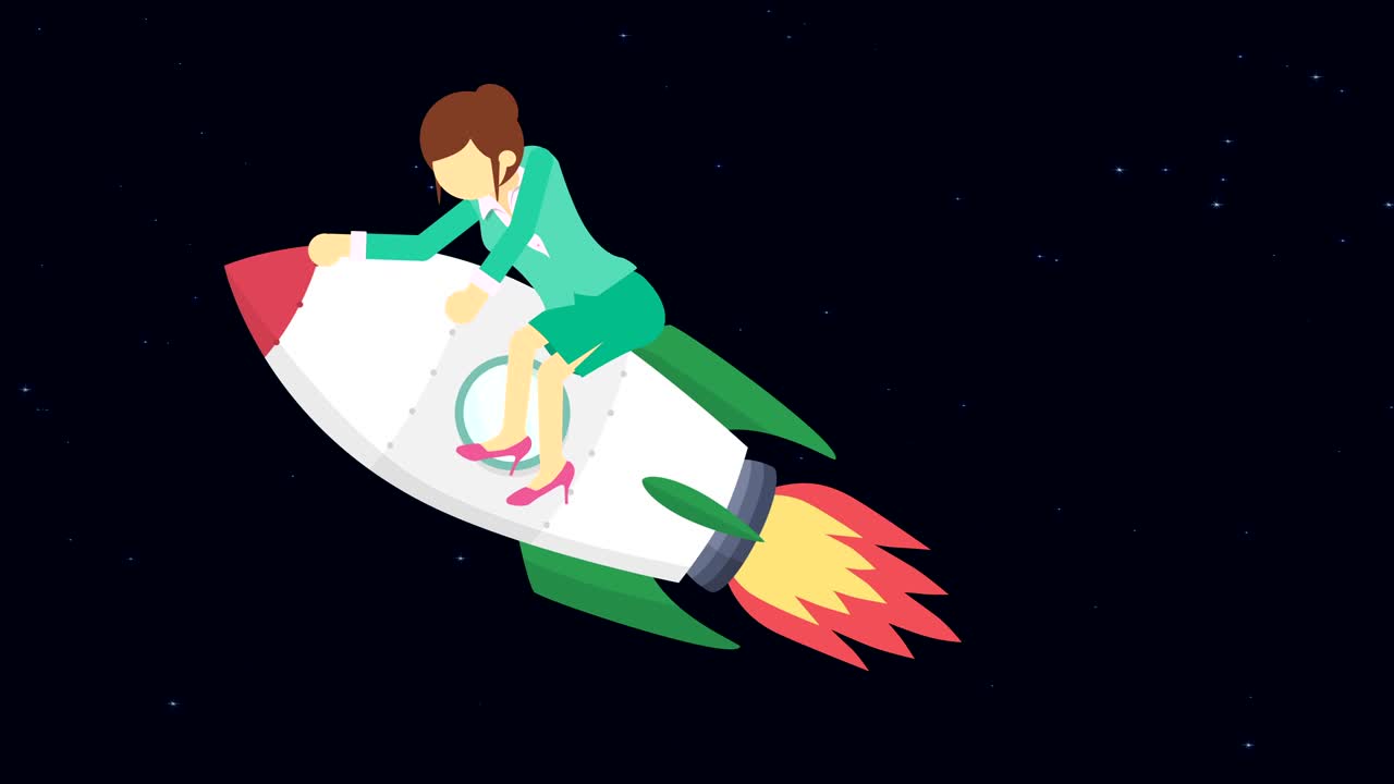 Business woman flying on rocket through the space. Leap concept. Loop illustration in flat style.
