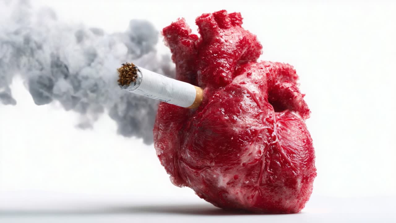 A striking visualization depicting a realistic heart with a cigarette protruding, surrounded by billowing smoke, symbolizing the detrimental effects of smoking on cardiovascular health