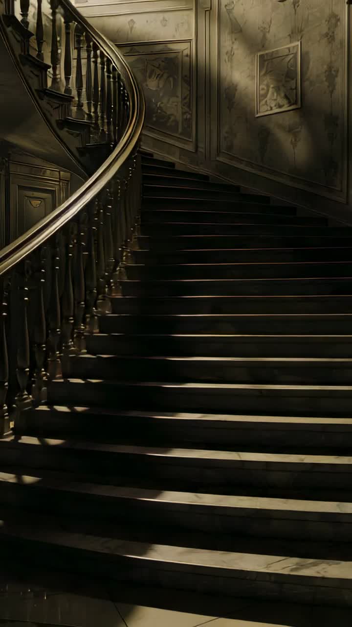 Vertical video: Showing curved banister and winding staircase in foyer, with framed paintings