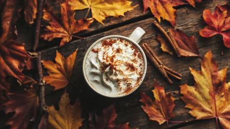 Café-Con-Leche-Con-Especias-De-Calabaza-De-Otoño-Y-Hojas-De-Otoño-Sobre-Una-Mesa-De-Madera