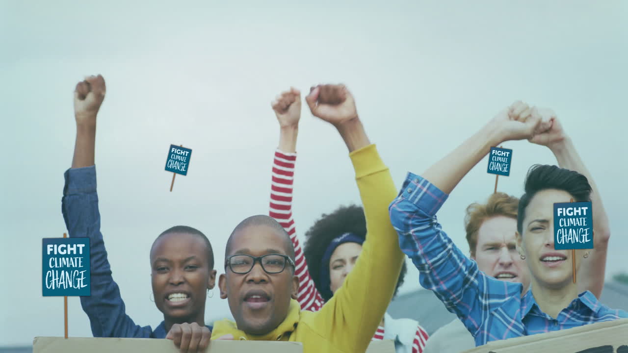 Animation of fight climate change placards and earth water drops over diverse group at protest