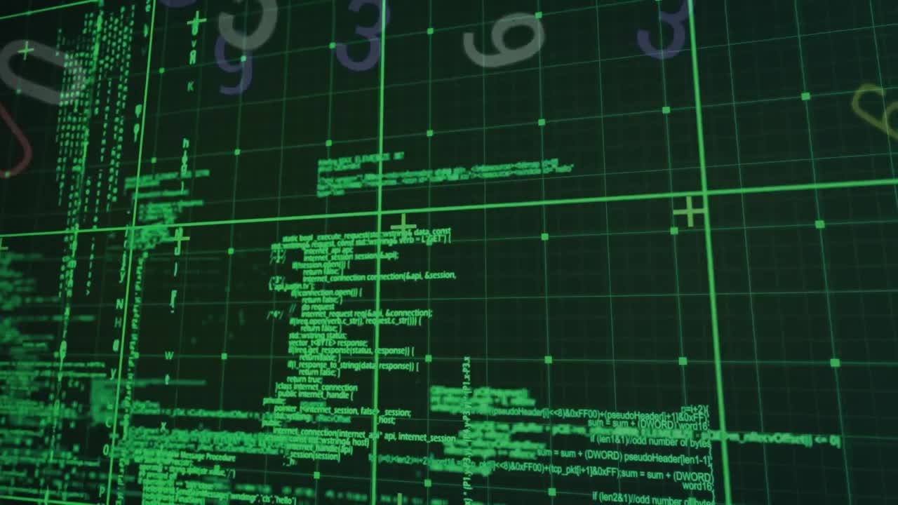 Animation of data processing and numbers over grid