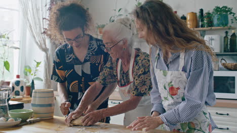 young brother and sister learning how to knead dough from grandmother