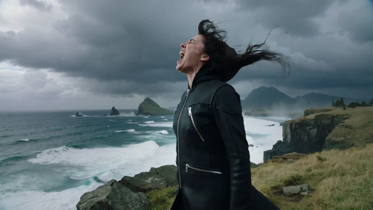 Donna che grida con un lungo cappotto nero e cerniere argentate che si prepara mentre le raffiche colpiscono il bordo di una scogliera rocciosa.