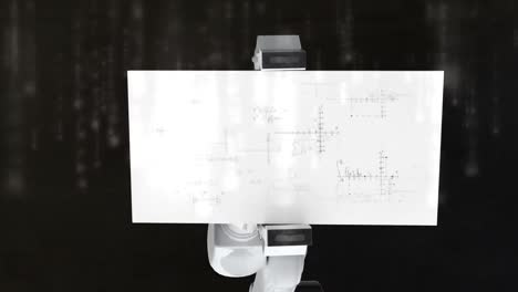 digitally generated video of white robotic arm holding card with mathematical formula