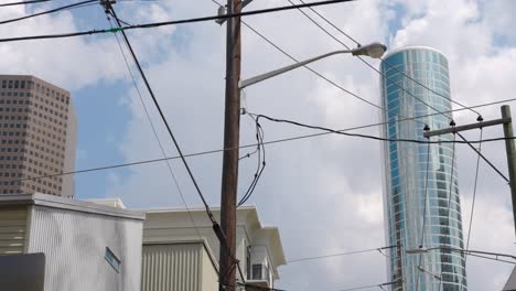 low-angle shot of houston skyscrapers | downtown texas skyline from fourth ward neighborhood