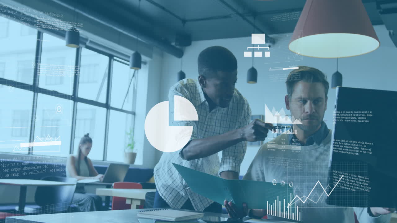 Animation of charts and processing data over diverse male colleagues discussing at casual office