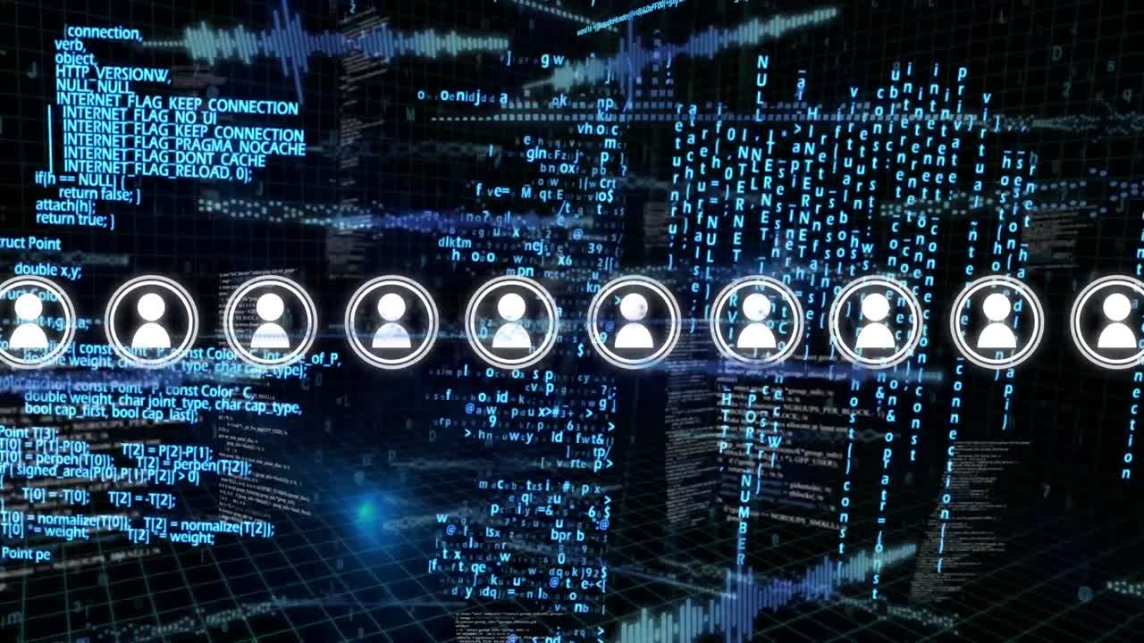 animación del procesamiento de datos en pantallas a través de la red de iconos de personas