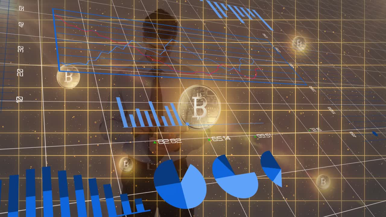 animación del procesamiento de estadísticas con bitcoins sobre el hombre de negocios