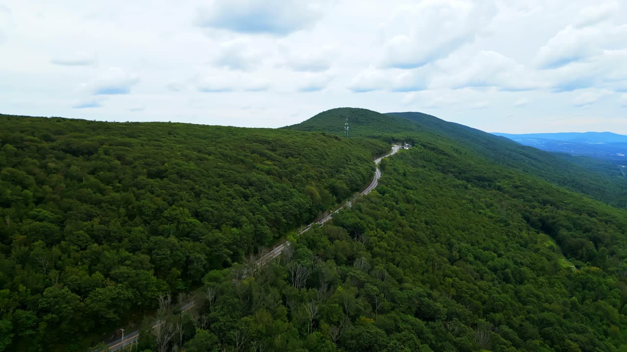 Panorama drone view over Route 2 Mohawk Trail overlook with green forest landscape, Berkshire, Massachusetts, USA