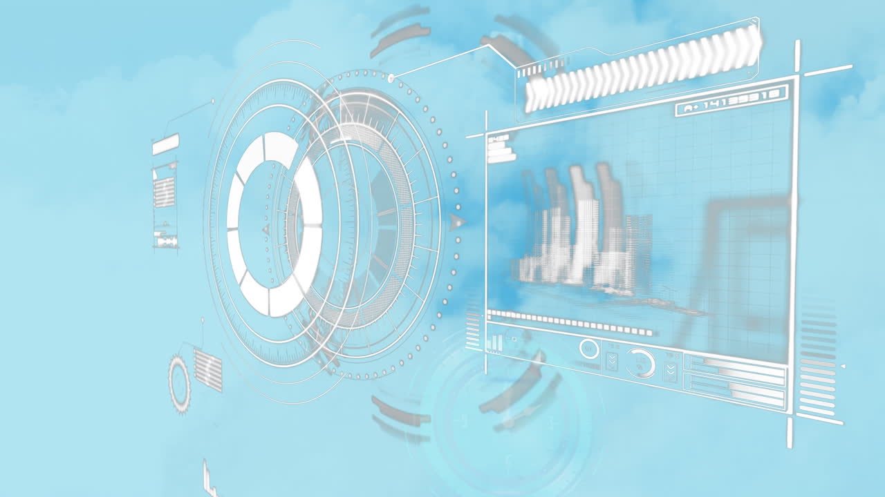 Animation of interface with data processing against clouds in the blue sky