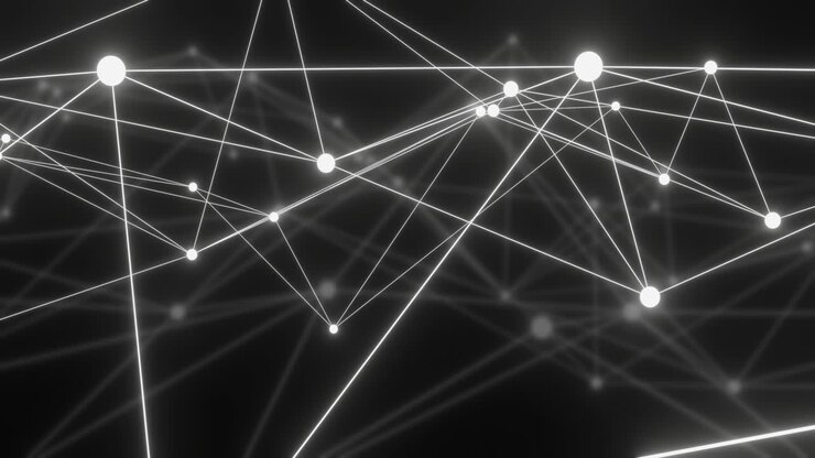 Animazione di una rete di connessioni con nodi luminosi su sfondo nero.