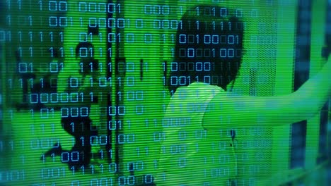 animation of data processing binary coding with caucasian female it technician by computer servers