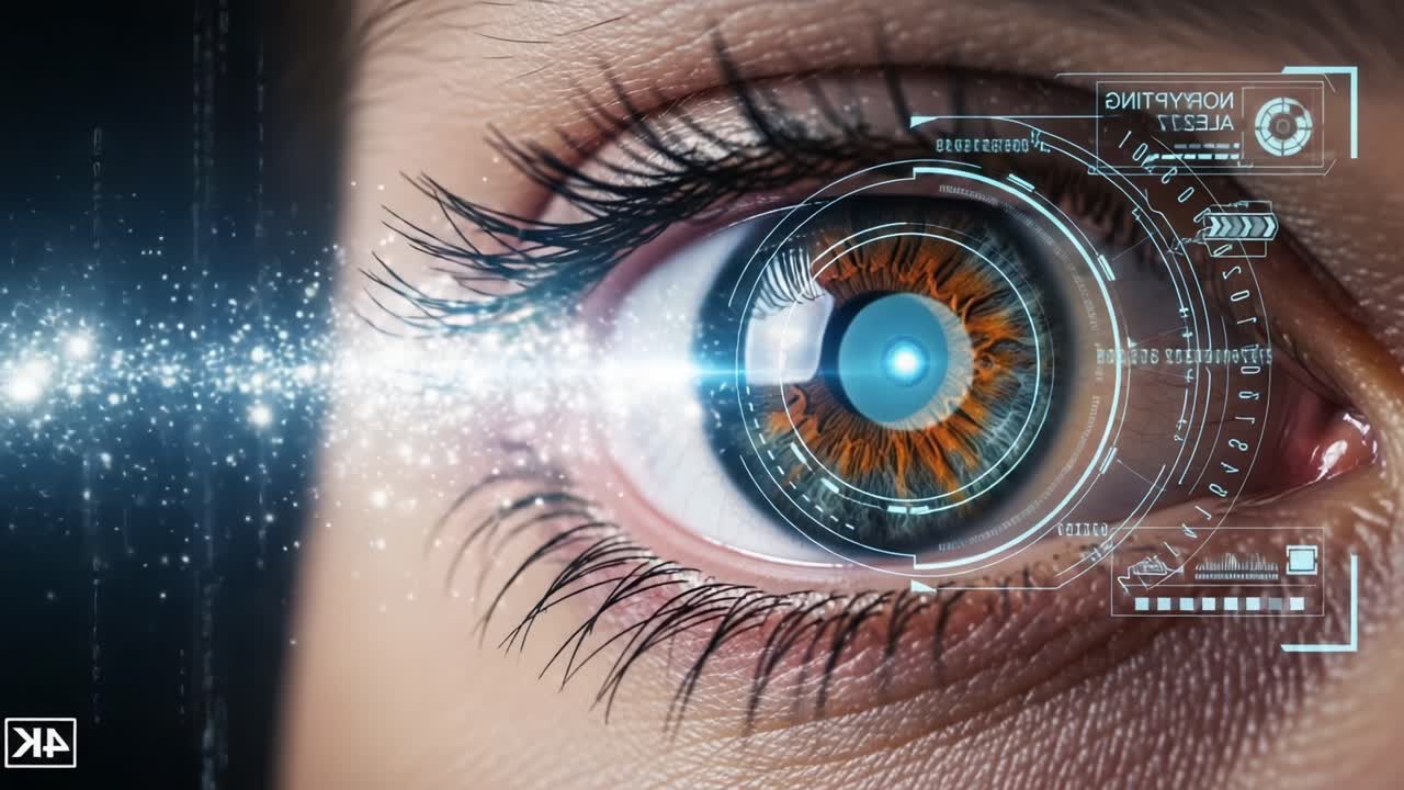 An Intricate Close-Up of a Futuristic Eye Interface, Showcasing Advanced Technology Interfacing with Human Vision for Enhanced Perception and Analysis