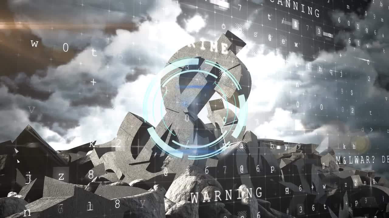 сканирование масштаба и обработка кибер-данных над сломанным символом доллара против неба