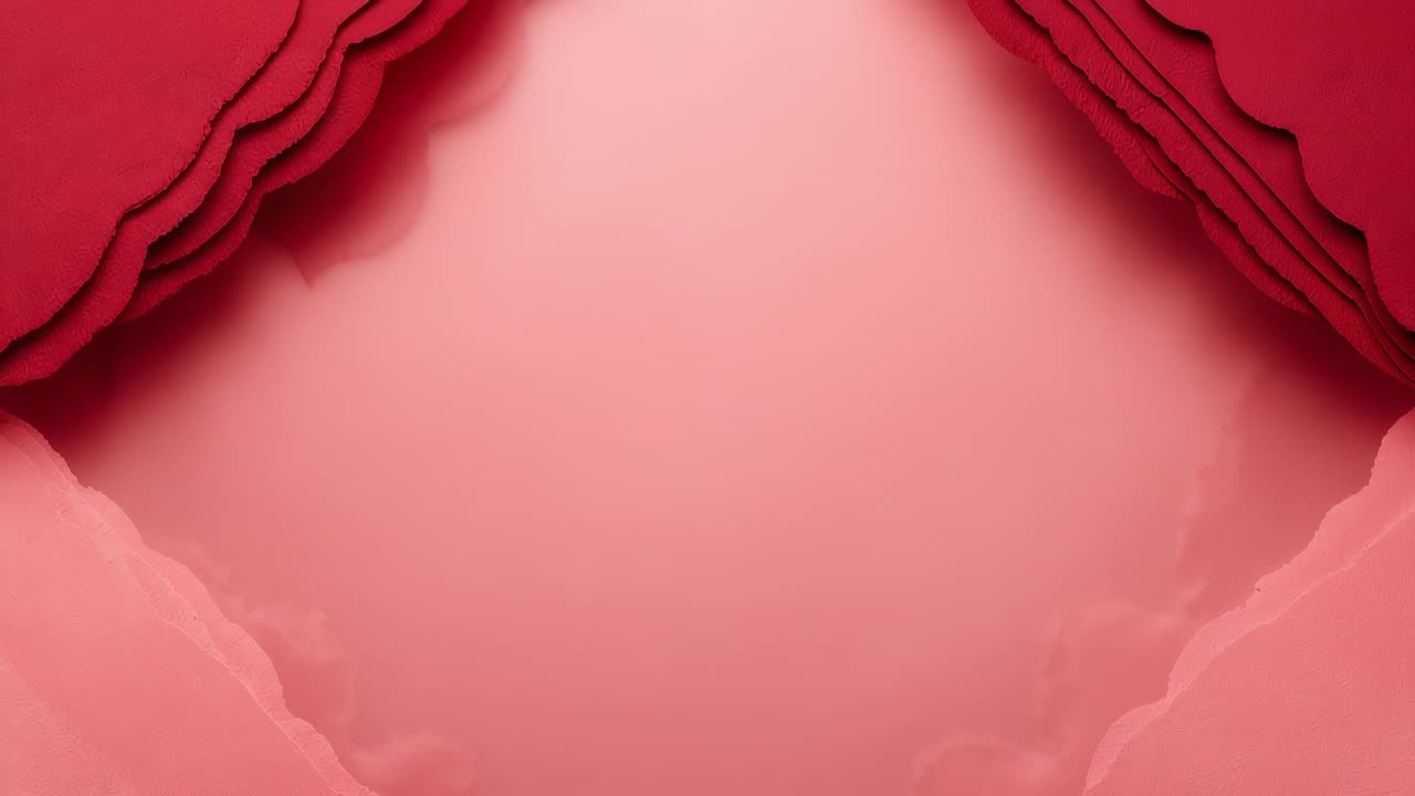 Folhas onduladas vermelhas e rosas em camadas se separando e revelando abertura triangular, centro em degradê no estúdio