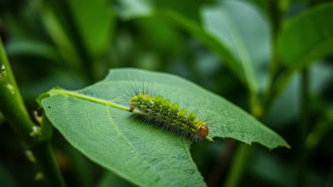 close-up of a colorful caterpillar resting on a vibrant green leaf surrounded by lush foliage, highlighting the intricate details of nature's life cycle