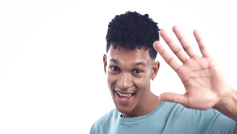 wave, face and a talking man on a white background