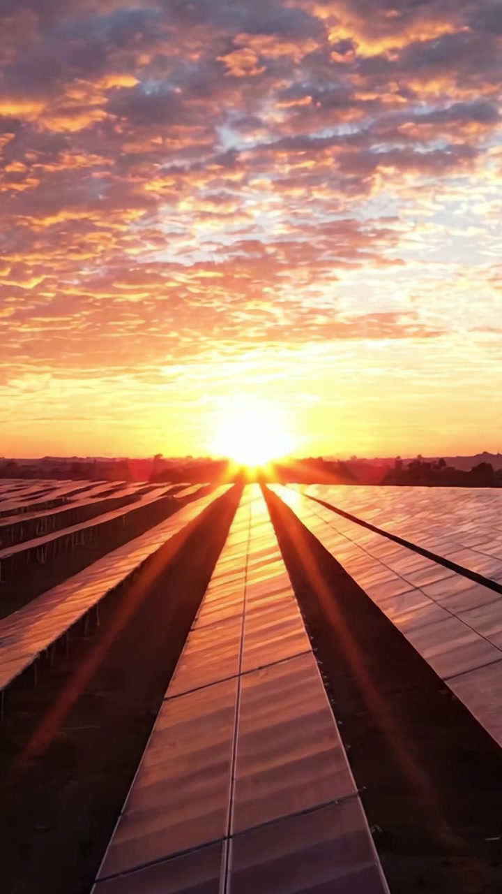 En betagende udsigt over solpaneler oplyst af en levende solopgang, der kaster lange skygger over landskabet og fremviser skønheden ved vedvarende energi.