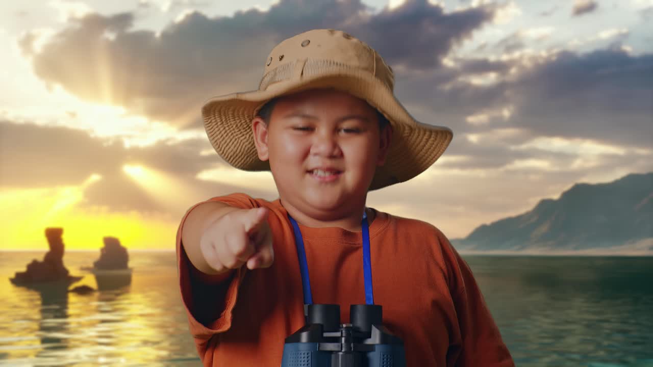 Ragazzo asiatico con cappello e binocolo che tiene una lente d'ingrandimento, si tocca il petto e poi ti indica sulla spiaggia. Giovane ricercatore esamina qualcosa, turismo di viaggio, primo piano