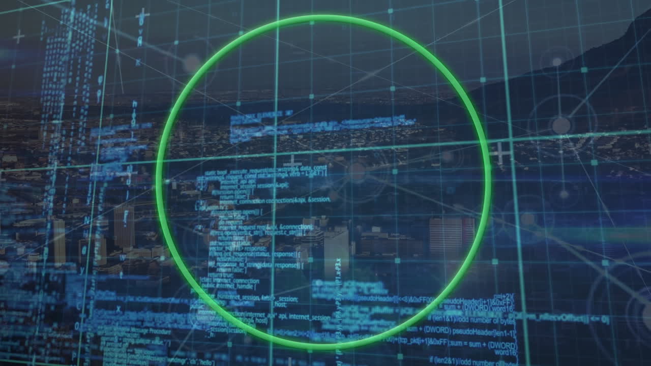 Animazione di elaborazione dati con cerchio verde su una rete di connessioni