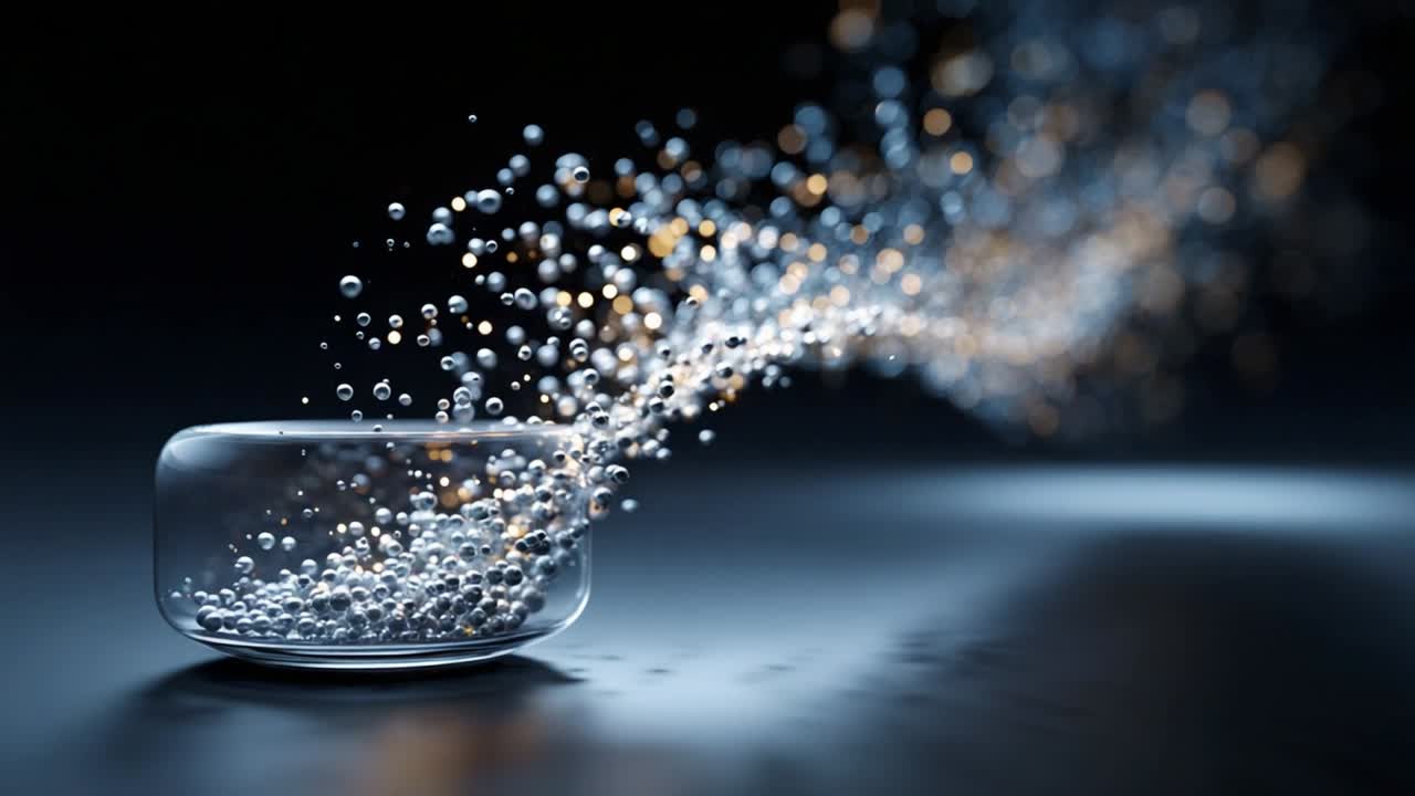 Un'ipnotica rappresentazione di bolle che fuoriescono da un contenitore trasparente, creando un incantevole effetto visivo in cui luce e acqua convergono, dando vita a un movimento fluido e meraviglioso nell'aria.
