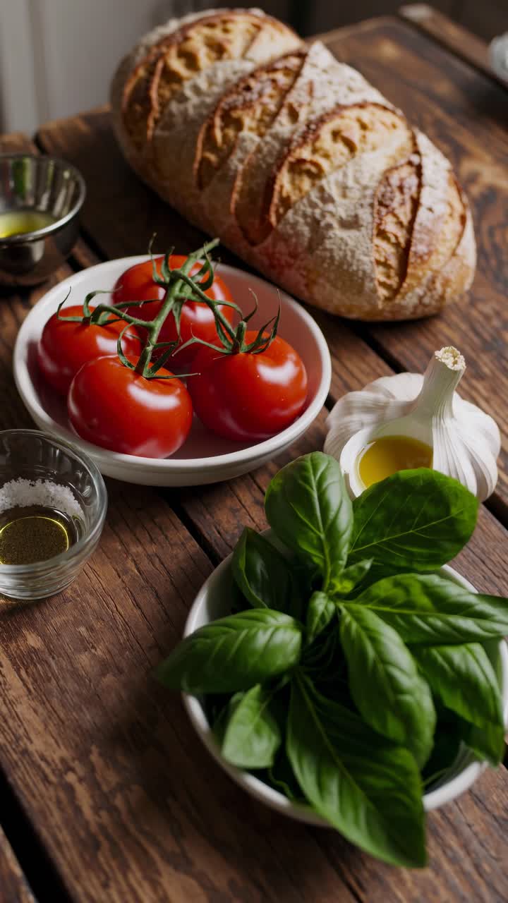 Scena video di cucina rustica con ripresa dall'alto che mostra pomodori freschi, basilico, aglio e pane