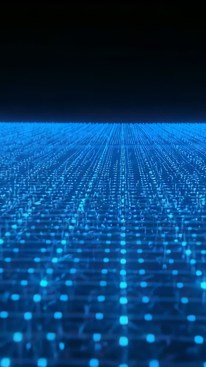 Vertical video: Clip starting, blue neon grid advancing toward horizon in dark sky, pulsing nodes