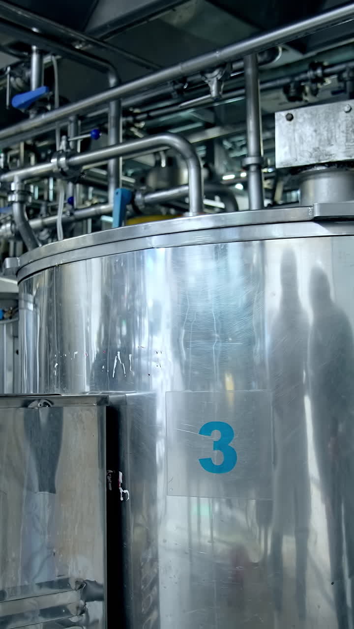 Stainless cheese factory storages. Modern cheesemaking technologies. Vertical video