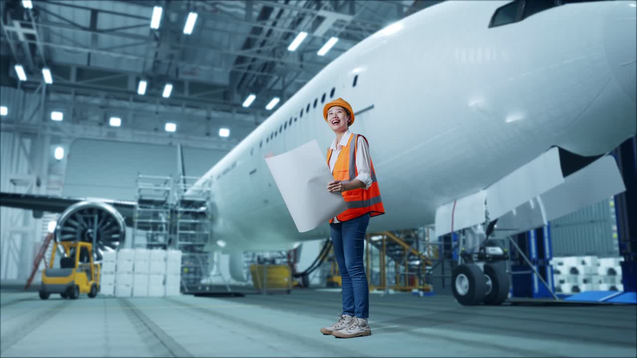 ingeniera revisando los planos del avión en el hangar.