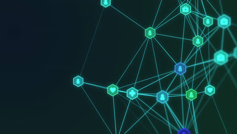 Animation of digital interface and globe of network of connections with computer icons on green back