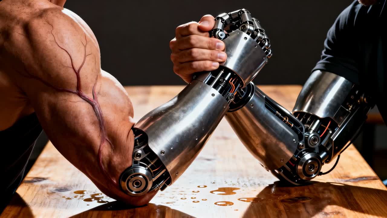 Primo piano di un avambraccio senza maglietta e di un avambraccio robotico con manica scura che si sfidano su un tavolo di legno, con delle goccioline