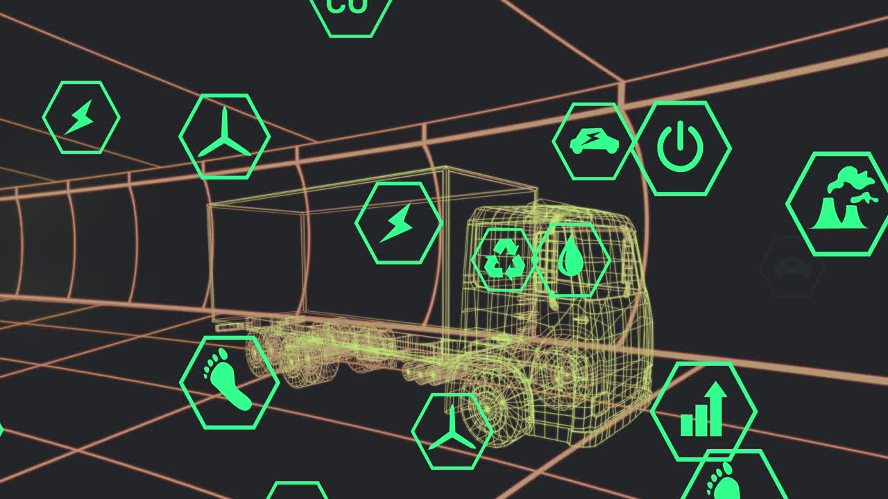 검은 바탕에서 움직이는 3d 트럭 모델 위에서 상태 데이터를 처리하는 아이콘의 애니메이션